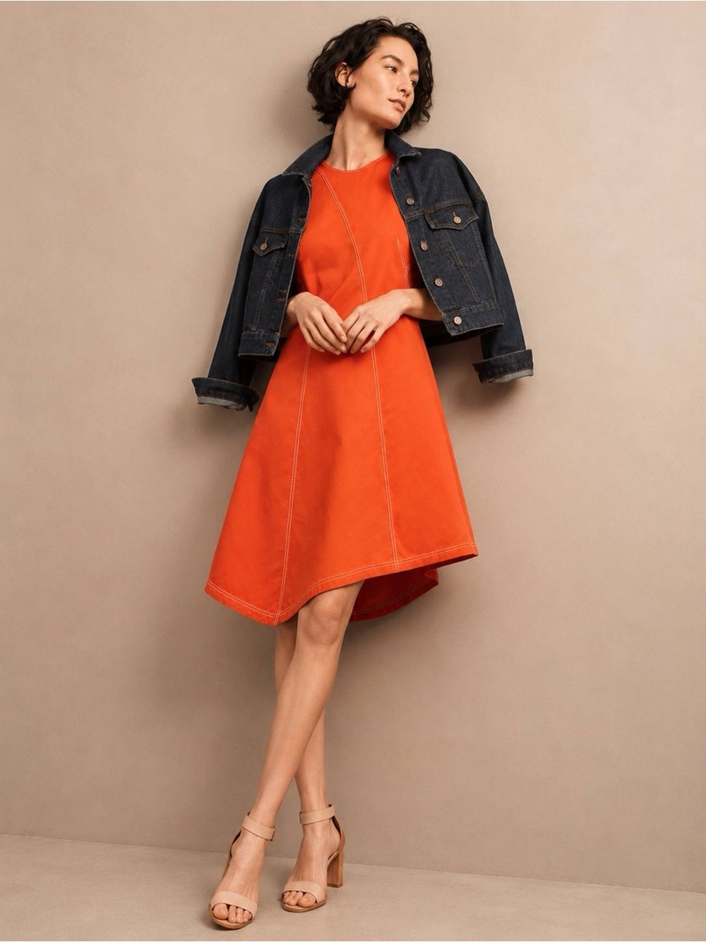 Maeve Anthropologie Dress Women Size 8 Orange Contrast Stitch Asymmetric Hem - Picture 4 of 12